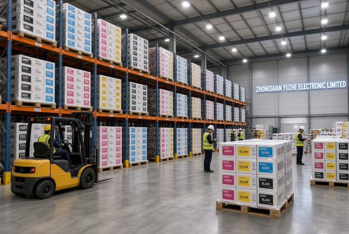 Illustration of finished ink products stacked on warehouse pallets